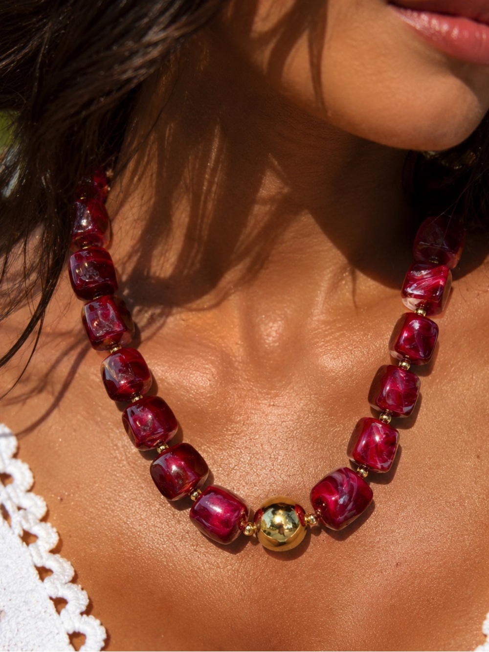 Red Beaded Statement Necklace - Gold Accent